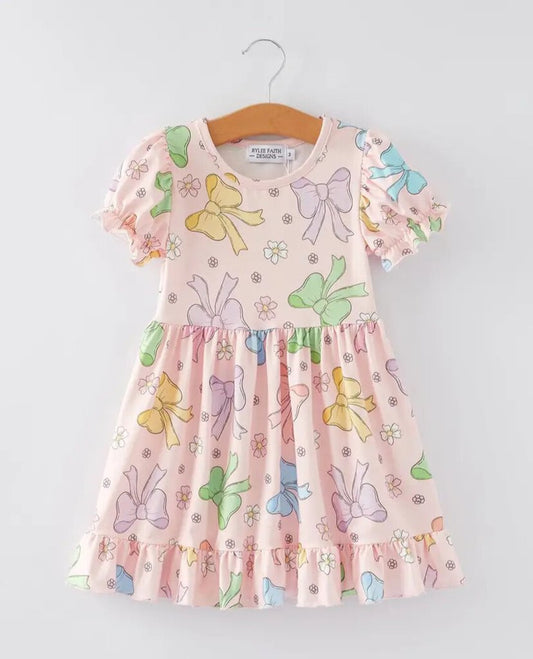 Colorful Bow Print Ruffle Dress