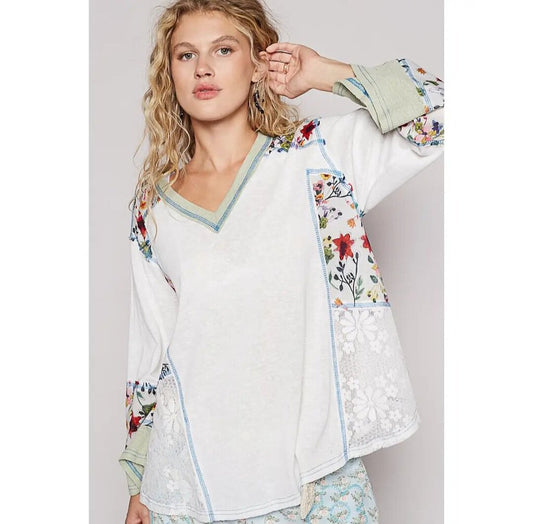 V-Neck Floral Print Contrast Top