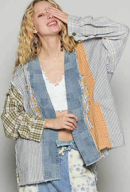 Contrast Printed Woven Cardigan Top