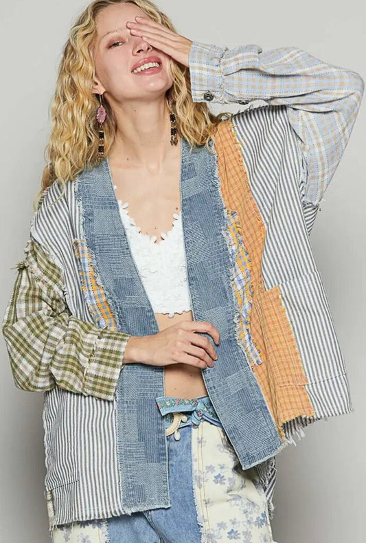 Contrast Printed Woven Cardigan Top