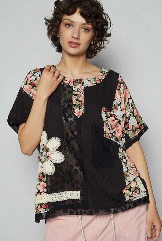 Floral Knit Rib S/S Round Neck Top