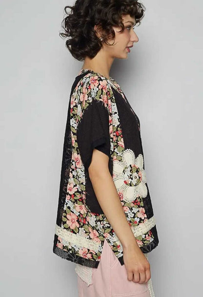 Floral Knit Rib S/S Round Neck Top