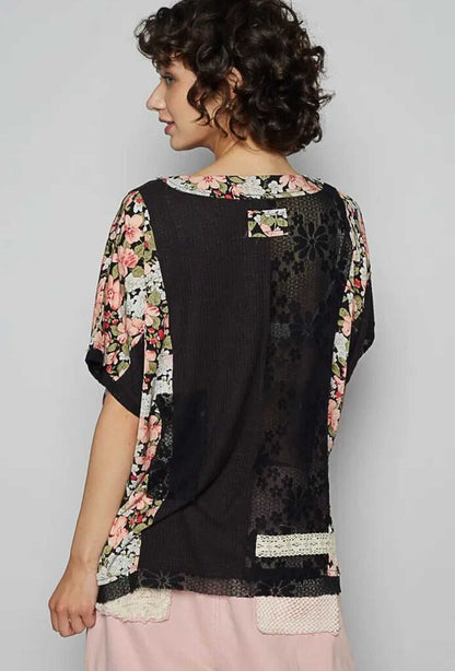 Floral Knit Rib S/S Round Neck Top