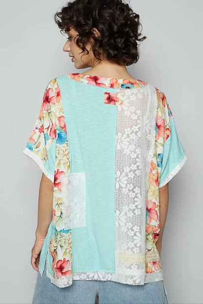 Floral Knit Rib S/S Round Neck Top