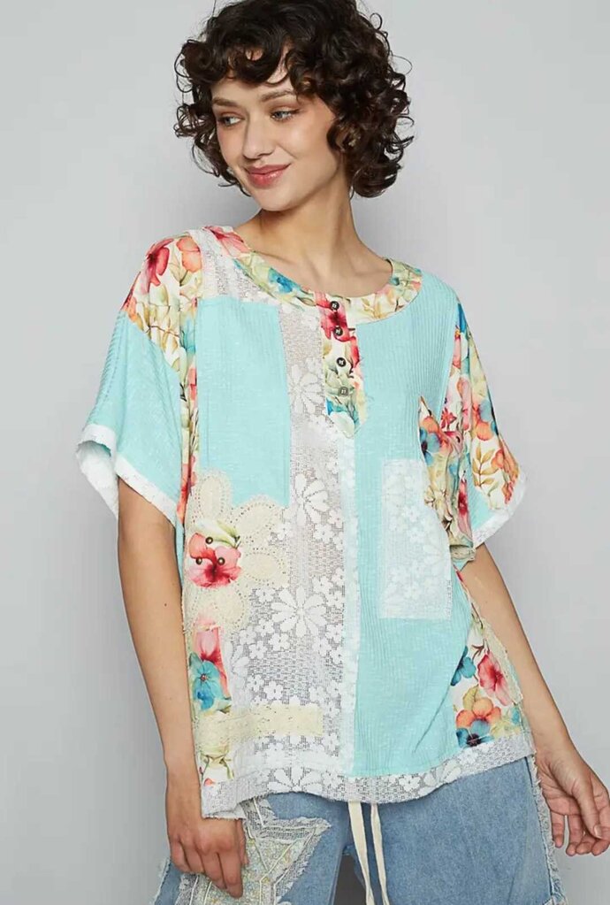 Floral Knit Rib S/S Round Neck Top