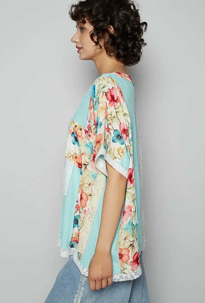 Floral Knit Rib S/S Round Neck Top