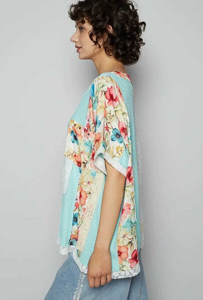 Floral Knit Rib S/S Round Neck Top